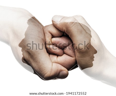 Multi exposure with silhouette of man and woman and their hands    are connected to each other. Image. Concept of love relationship, unity, parting.