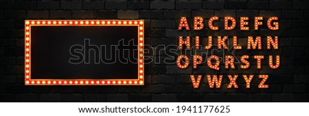 Vector realistic isolated marquee lightbox billboard with light bulb neon font for template decoration and invitation covering on the wall background. Concept of broadway and show. Royalty-Free Stock Photo #1941177625