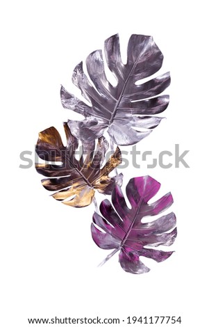 Three Monstera leaves painted in silver with pink and blue flares isolated on white background. Minimalist luxury concept. Good for interior decoration poster.