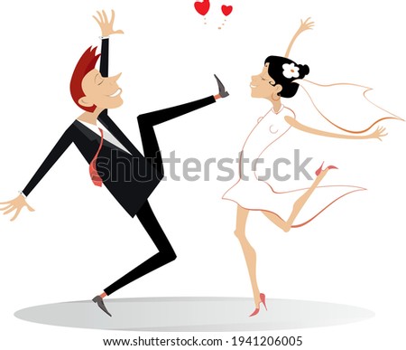 Dancing married wedding couple illustration. 
Heart symbol and dancing happy man and woman in the white dress and wedding veil isolated on white
