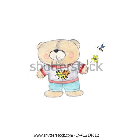 Watercolor illustration of a Cute Teddy Bear with flower.