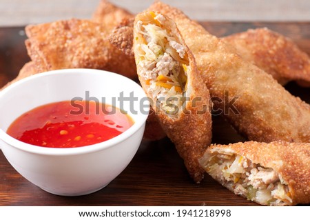 homemade spring rolls or egg rolls stuffed with vegetables stock photo