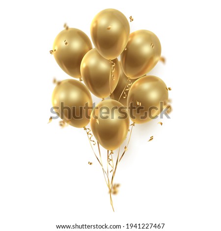 Bouquet, bunch of realistic golden  ballons and ribbons, serpentine, gold confetti. Vector illustration for card, party, design, flyer, poster, decor, banner, web, advertising.  Royalty-Free Stock Photo #1941227467