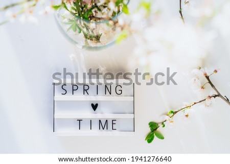Top view Springtime lettering on the lightbox and fresh blooming branches n the white background in sunset light and shadows. Light inspiring card with words Spring time. Flat lay, selective focus.