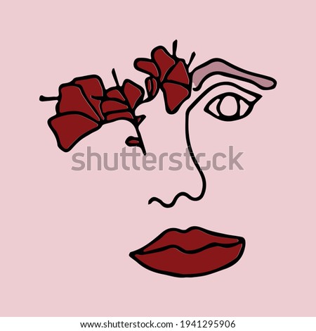 Abstract modern contamporary face portrait with red rose. Hand drawn vector illustration in modern minimal style. Continuous line art.