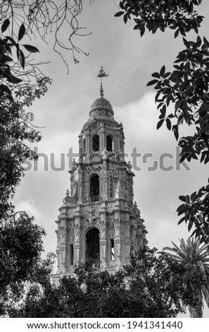 Black and white photograph of the  California Tower at the Balboa Park in San Diego, California.
