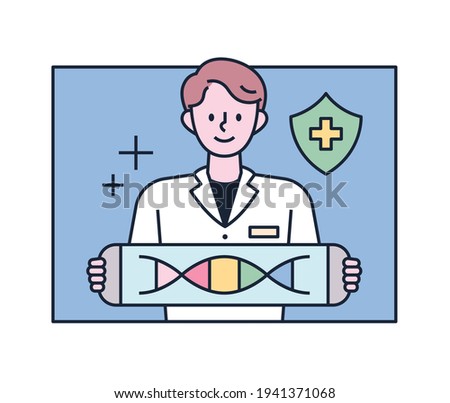 A male researcher is studying with a tube of genes in his hand. flat design style minimal vector illustration.