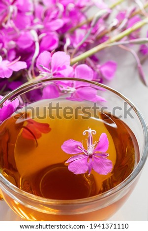 Fireweed herb known as blooming sally and tea in a cup, vertical image