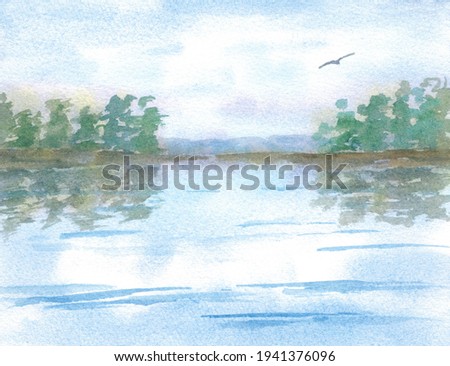 Summer landscape with water and a flying seagull. The picture is hand-painted with watercolors.