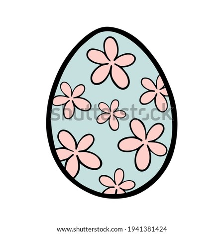 Colorful pastel Doodle Easter Egg with flowers on white silhouette. Hand drawn cartoon style, decoration for any design. Vector illustration of kid and holiday.