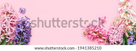 Flowers festive composition. Pink Spring or Easter Floral Background. Beautiful hyacinths flowers, Hello spring concept Royalty-Free Stock Photo #1941385210