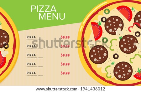 Flat style. Pizza card menu. Vector illustration.
