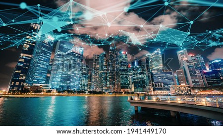 Imaginative visual of smart digital city with globalization abstract graphic showing connection network . Concept of future 5G smart wireless digital city and social media networking systems .