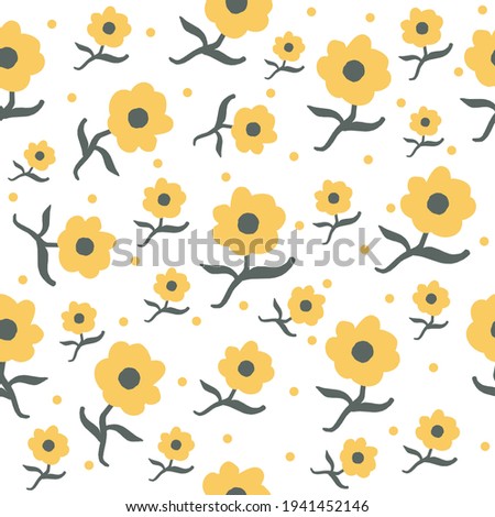 Yellow color cute flowers seamless pattern on white background for wallpaper and textile. Botanical simple flat vector repeat fabric for summer.