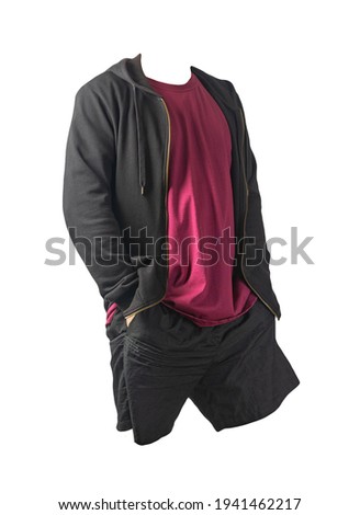 black sweatshirt with iron zipper hoodie,burgundy t-shirt and black sports shorts isolated on white background. casual sportswear