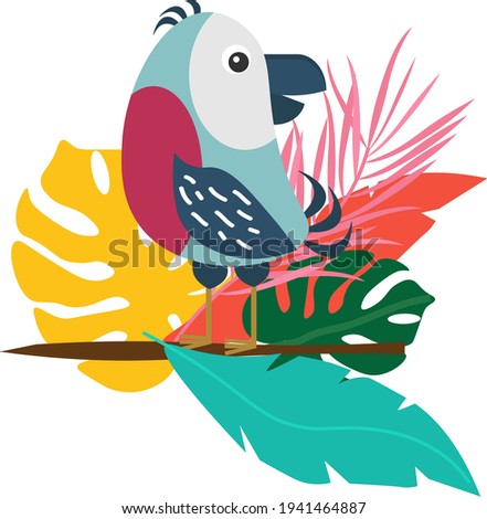 A tropical bird sits on a branch with leaves. Summer tropical illustration isolated on white background in cartoon style.. Vector illustration for use in decor, postcards, brochures, flyers and invita