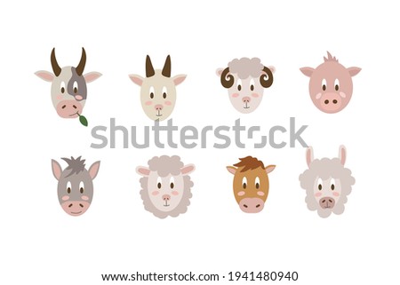 A set of portraits of farm animals. Vector collection illustration of livestock isolated on a white background. Cartoon animals Sheep, Goat, Ram, Cow, Donkey, Horse, Pig, Llama. . Vector illustration