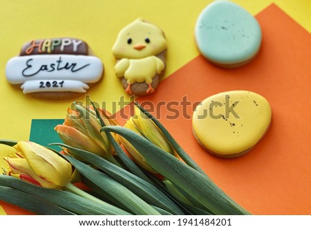 Happy Easter. Cute Easter flatlay. Colorful Easter 
