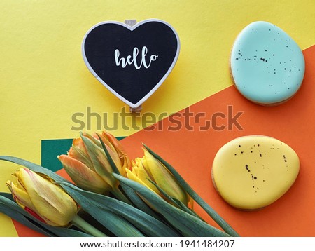 Happy Easter. Cute Easter flatlay. Colorful Easter 