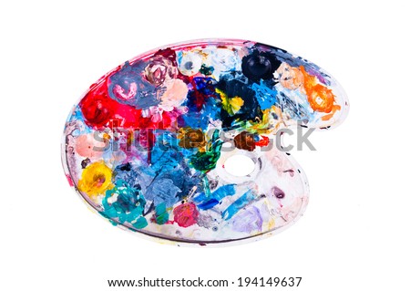 Colored Palette, acrylic paint, art concept idea isolated on white background.