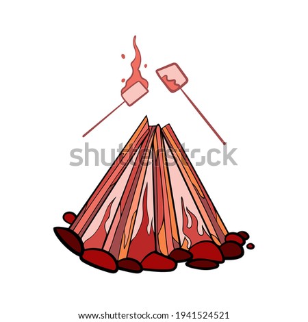 Campfire marshmallows clip art isolated vector. Bonfire, roasting marshmallow on stick in warm terracotta colors. Camping, picnic, place of stones for fire, wood with tongues of flame 