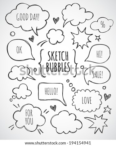 Vector hand drawn set of sketch speech bubbles clouds rounds hearts stars thought bubbles design elements