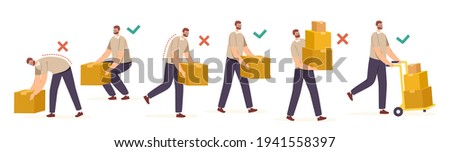 Right and Wrong Manual Handling and Lifting of Heavy Goods. Male Characters Carry Carton Boxes Correctly and Improperly Way in Hands and on Forklift, Back Health. Cartoon People Vector Illustration Royalty-Free Stock Photo #1941558397