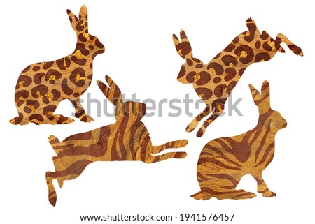Rabbits with leopard skin print. Clip art set on white background