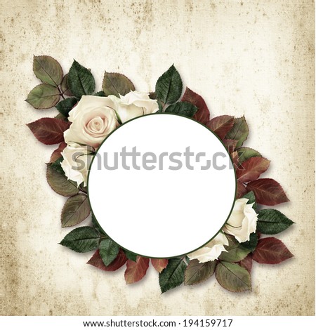 Autumn round frame with colorful leaves and roses on beige background