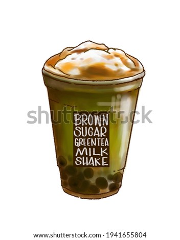 digital painting of brown sugar greentea milk shake in freehand drawing style for menu design