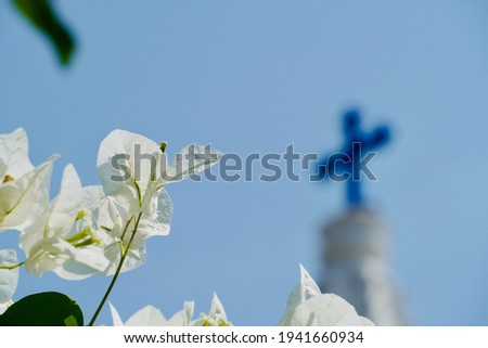 White color summer flower with blurred Holy cross in church top background. Christian cross symbol. Easter. Crucifix.