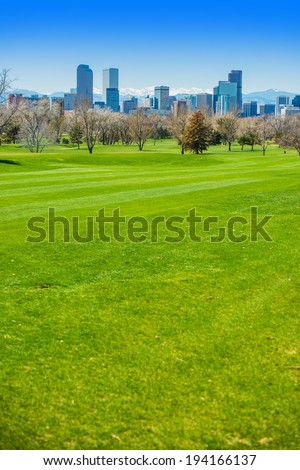 Denver Colorado USA. Spring Time in Colorado. Denver Skyline and Green Fields. 