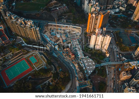 Stunning aerial view of the very crowded Hong Kong island streets