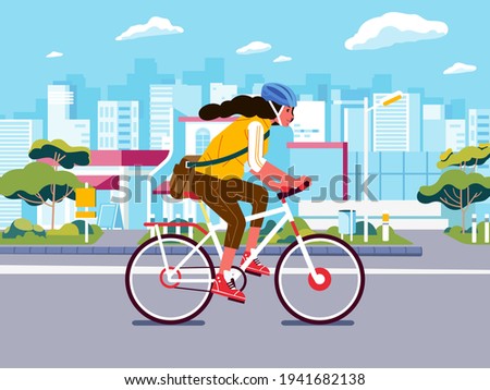 girl cycling on the road. young woman cycling to work wearing safety helmet and city scape as background. used for landing page illustration and other