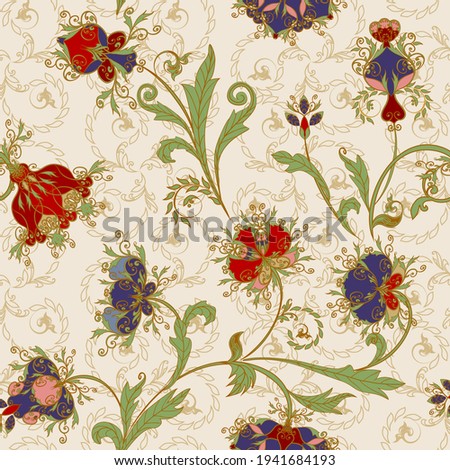 Seamless pattern in ethnic traditional style. Abstract vintage pattern with decorative flowers, leaves and Paisley pattern in Oriental style.