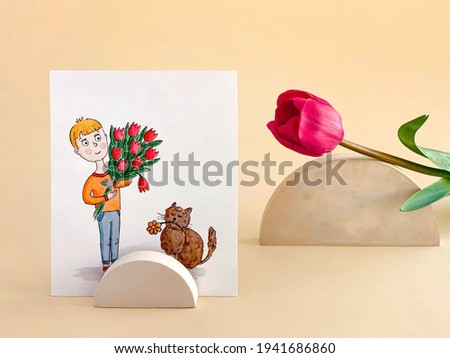 Watercolor card: boy with bouquet and cat with flower. Concrete props, tulip. Mothers day concept.