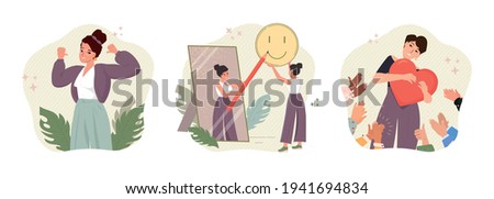 Self pride, self-acceptance, positive self-image and confidence concept vector illustration. Business woman looking in a mirror. Esteem, positive self-perception, social role, individual psychology. Royalty-Free Stock Photo #1941694834