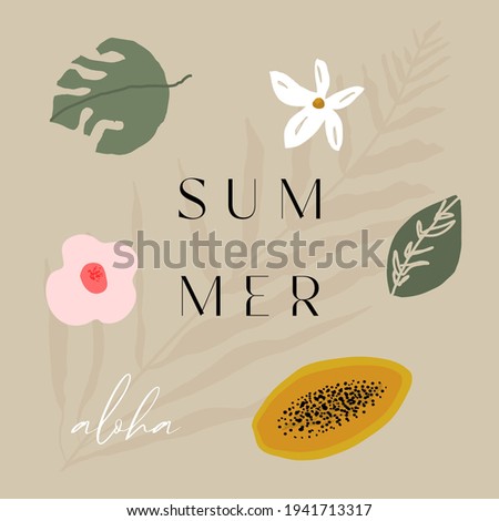 tropical summer illustrations with fruits, tropics, palm leaves, flowers with text Aloha Summer. Cartoon posters, prints, greeting cards, covers, invitations, birthday, etc