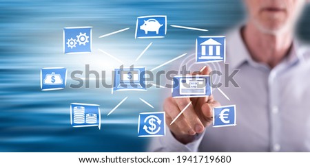 Man touching an online banking concept on a touch screen with his finger