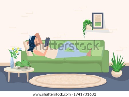 Vector illustration of a girl lying on the sofa in the living room and reading a book on the background of a modern interior in a flat style