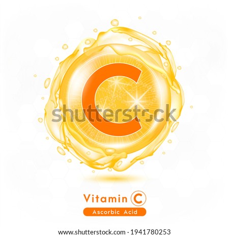 Vitamin C, Orange shining pill capsule. Vitamin complex with Chemical formula.  Meds for health ads. Beauty treatment nutrition skin care design. Vector illustration. Royalty-Free Stock Photo #1941780253