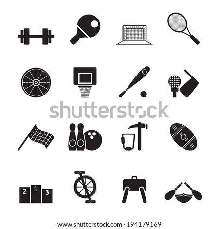 Silhouette Sports gear and tools - vector icon set 