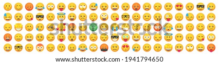 Set of 100 emoticon smile icons. Cartoon emoji set. Vector emoticon set