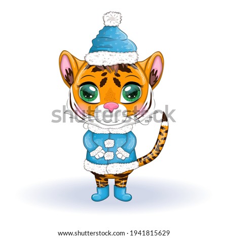 Cute cartoon tiger with beautiful eyes in a hat and fur coat, winter 2022. Chinese New Year 2022, Christmas Year of the Tiger. Lunar new year 2022.
