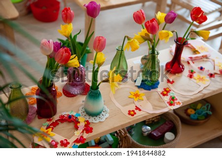 Concept of spring holiday, womens day or mothers day in montessori school