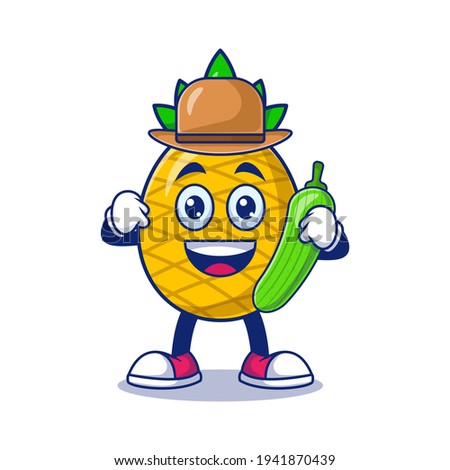 Cute Pineapple Farmer Holding Cucumber Cartoon Vector Illustration. Fruit Mascot Character Concept Isolated Premium Vector