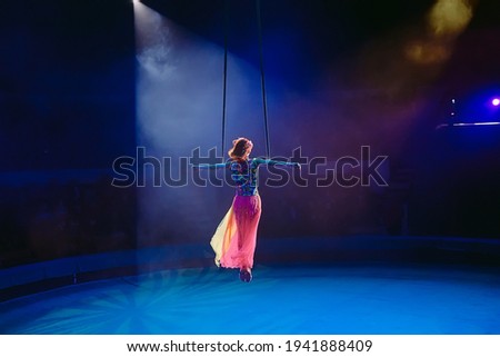 An aerial gymnast shows a performance in the circus arena