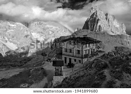 Mountain hut with the famous Sesto Dolomites , black and white photo, Alps, south tyrol, Italy, Europe