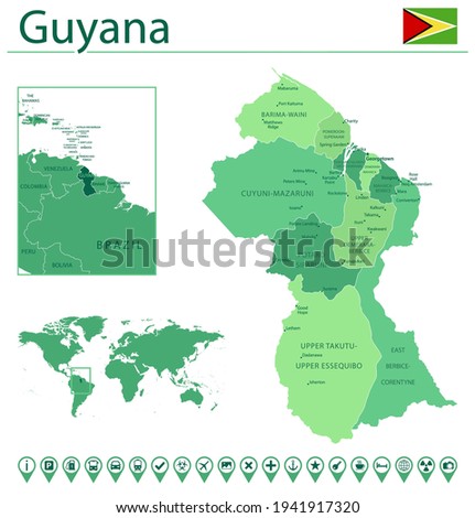 Detailed map of Guyana with country flag and location on world map. Vector illustration