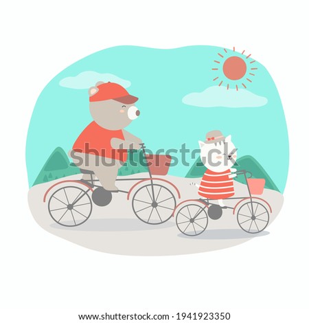 Cheerful bear and cat wearing hat bike a bicycle to travel on summer holidays, Hand drawn style flat vector illustration, Cartoon Character in Summer time concept